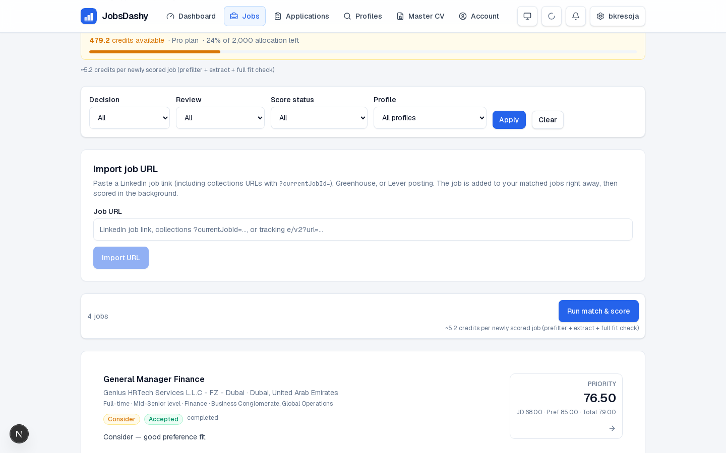 JobsDashy matched jobs list with filters and quota banner